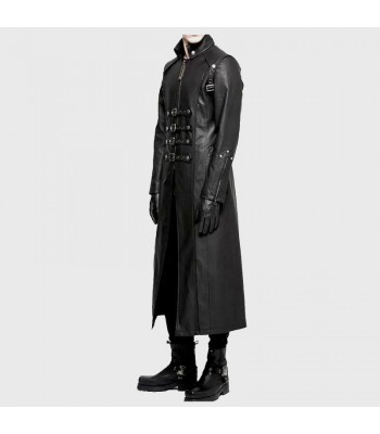 Men’s Long Black Gothic Coat | Imitation Leather Goth Jacket with Straps & Zipper